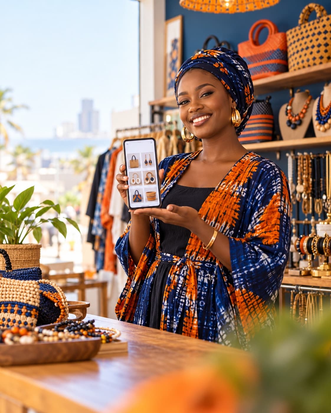 Créatrice de mode à Dakar présentant sa boutique en ligne sur son téléphone